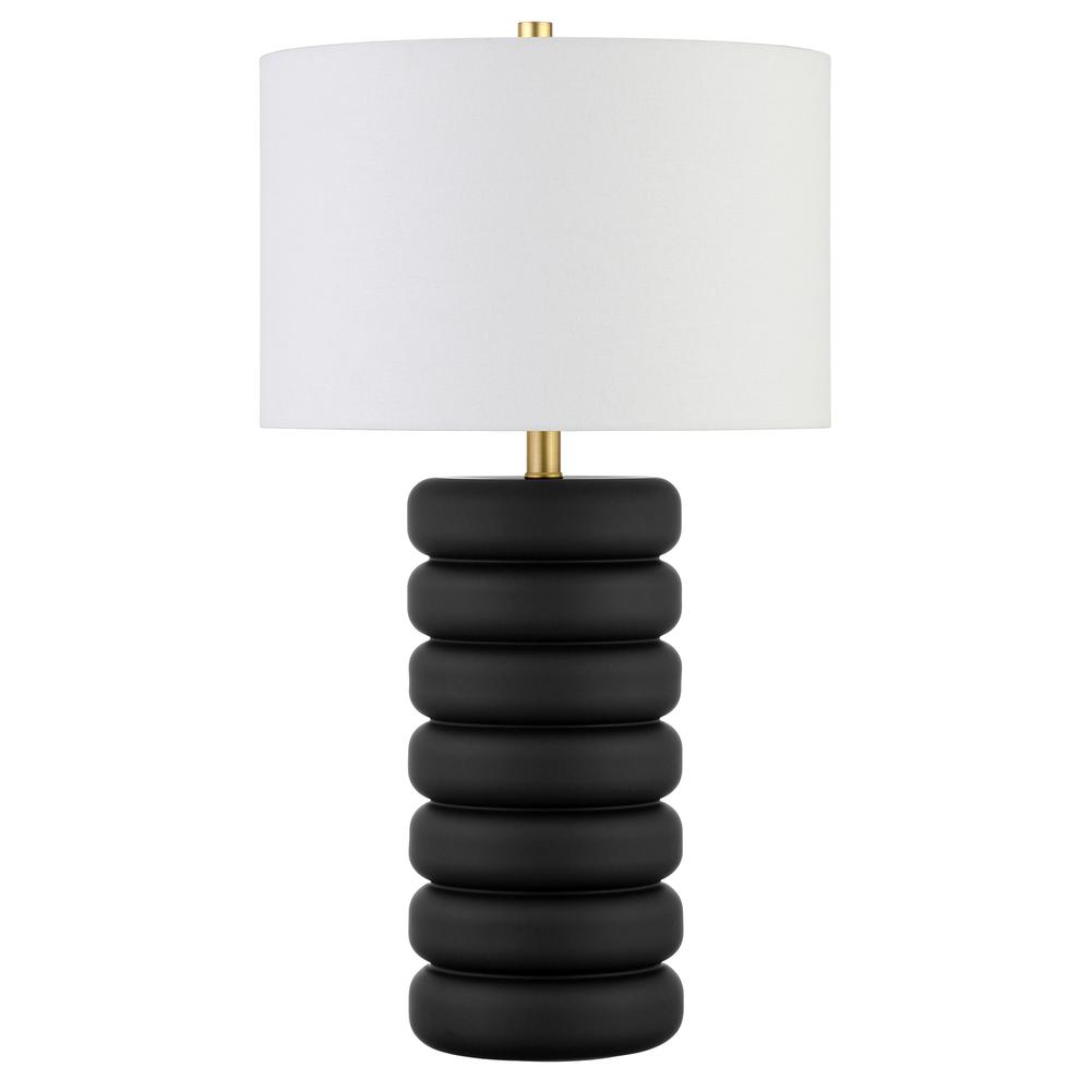 Zelda 25" Tall Ceramic Bubble Body Table Lamp with Fabric Shade in Matte Black/Brass/White. Picture 1