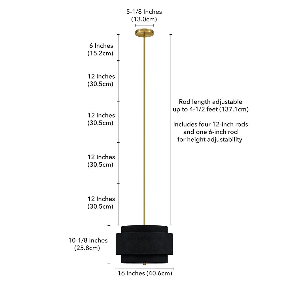 Solomon 16" Wide 2-Light Pendant with Tiered Fabric Shade in Brass/Black. Picture 5