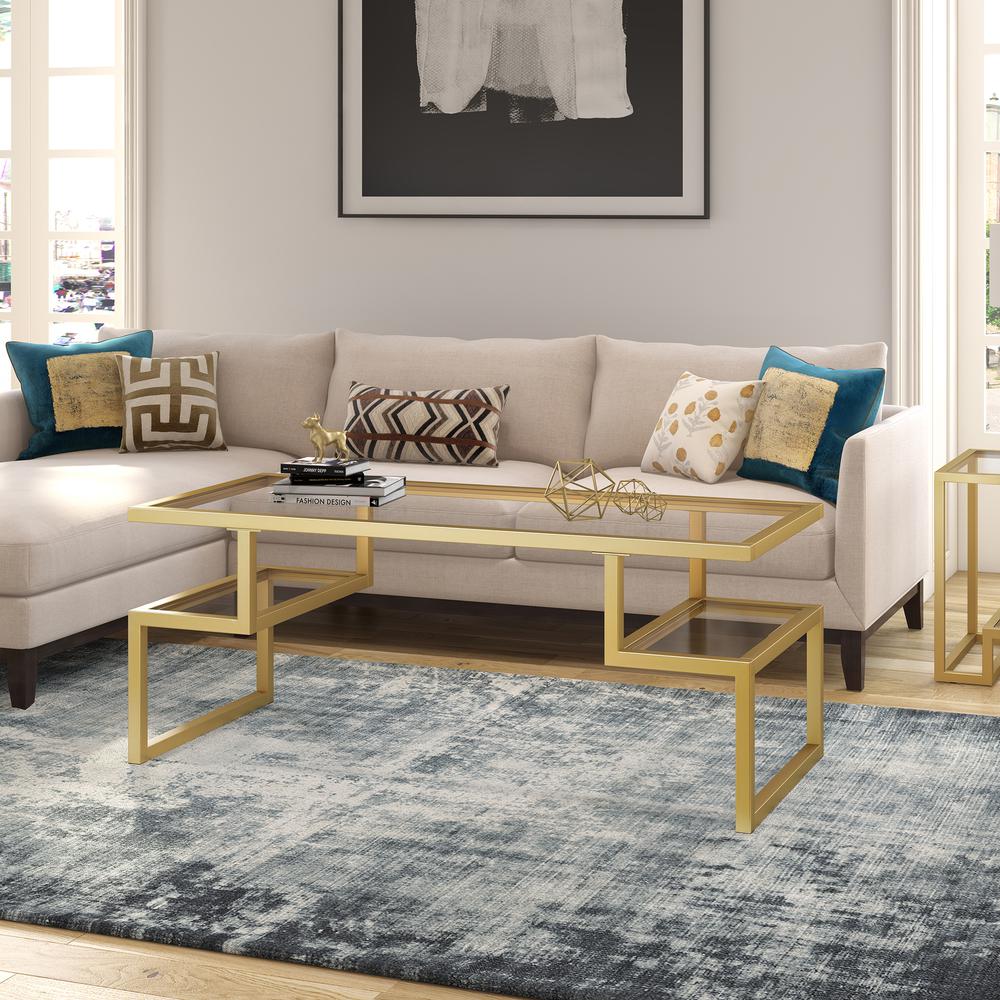 Zander 45'' Wide Rectangular Coffee Table in Brass. Picture 2