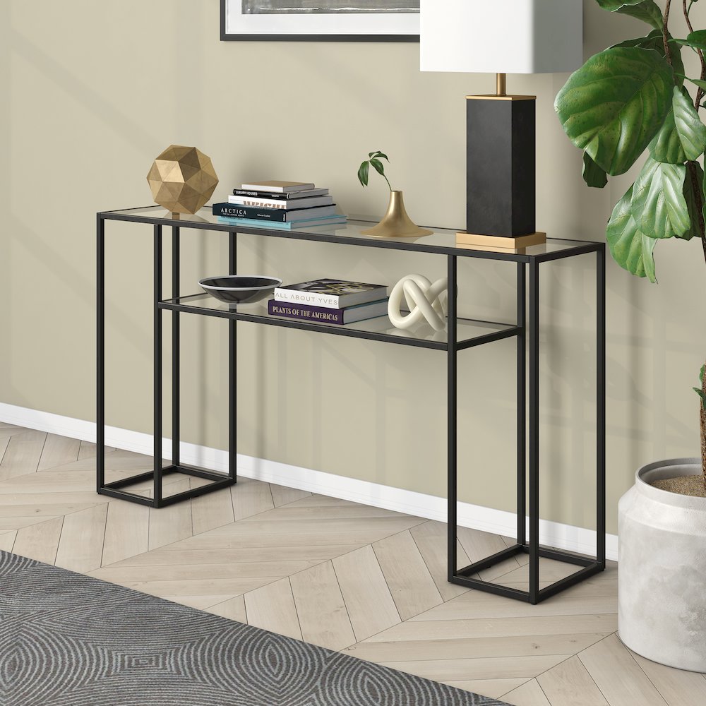 55'' Glass Rectangular Console Table Entryway, Sofa Table with Shelf, Black. Picture 2