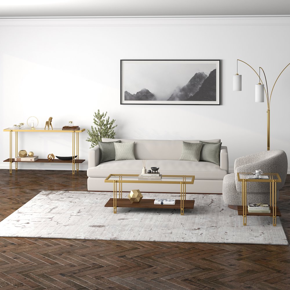 45" Rectangular Coffee Table with Glass Top and  Storage Shelf, Gold/Amber Brown. Picture 5