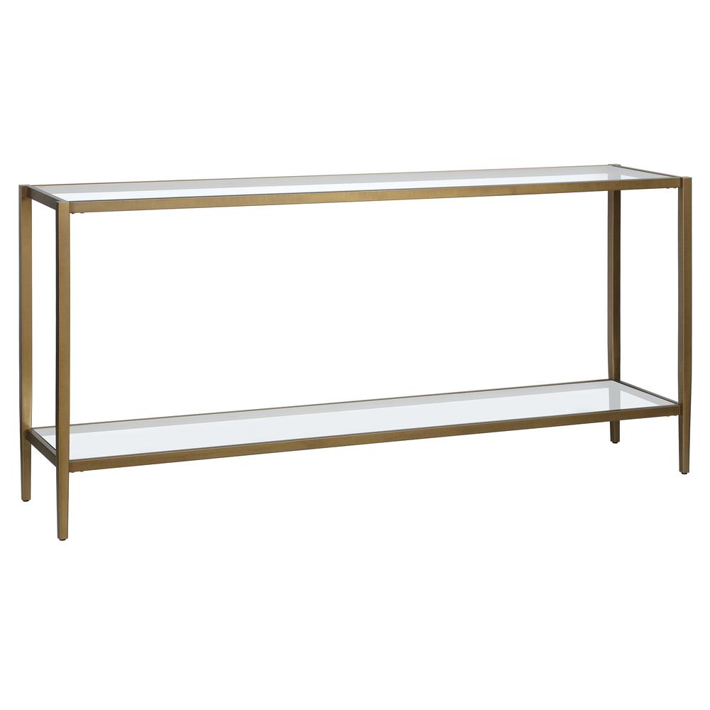 Hera 64'' Wide Rectangular Console Table with Glass Shelf in Brushed Brass. Picture 1