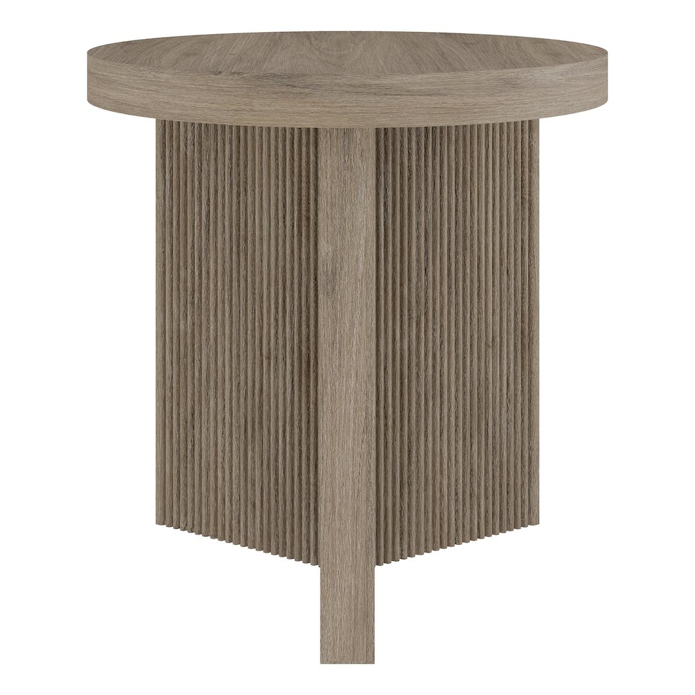 Holm 22" Wide Round Side Table in Antiqued Gray Oak. Picture 2