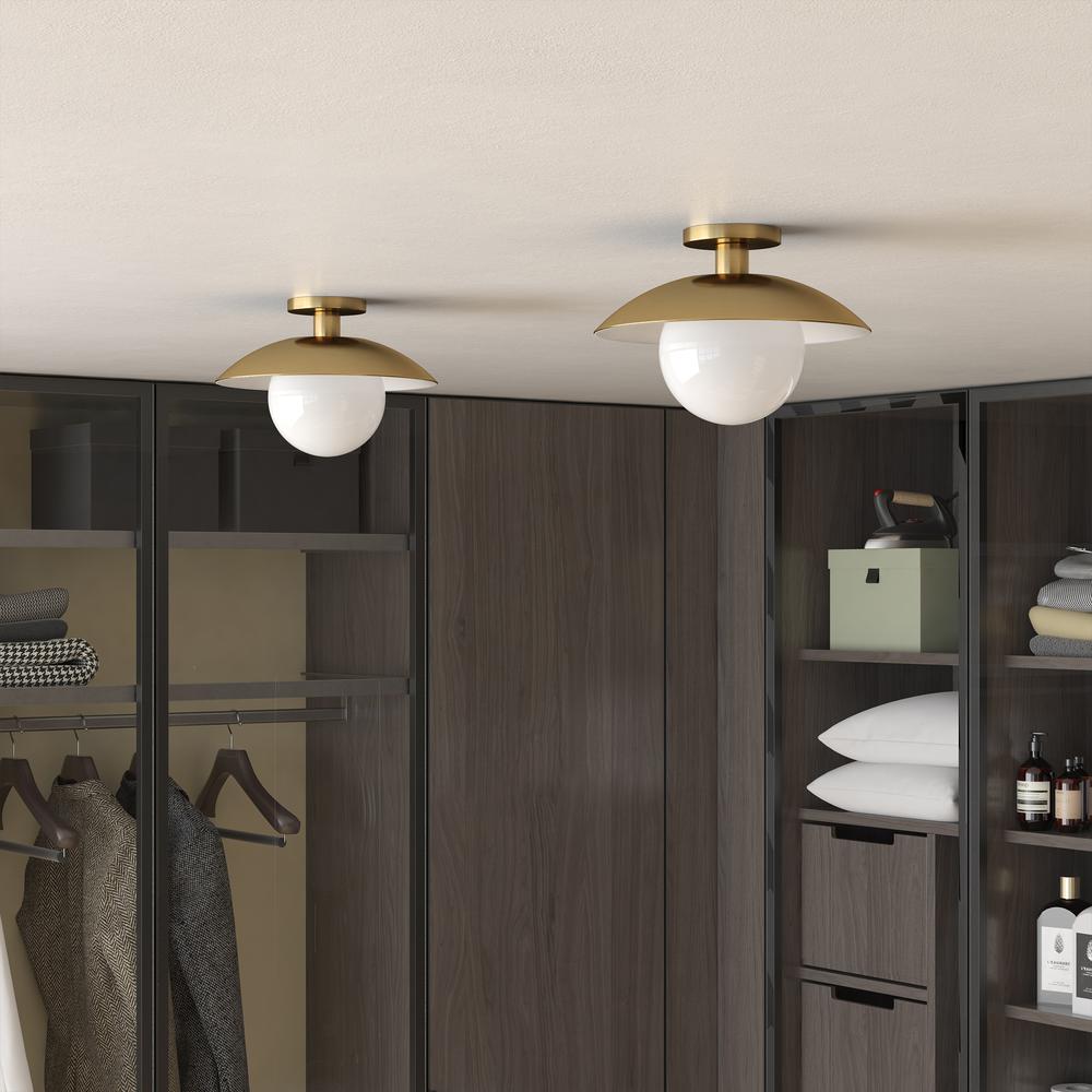 Alvia 14.5" Wide Semi Flush Mount with Metal/Glass Shade in Brass/White. Picture 4