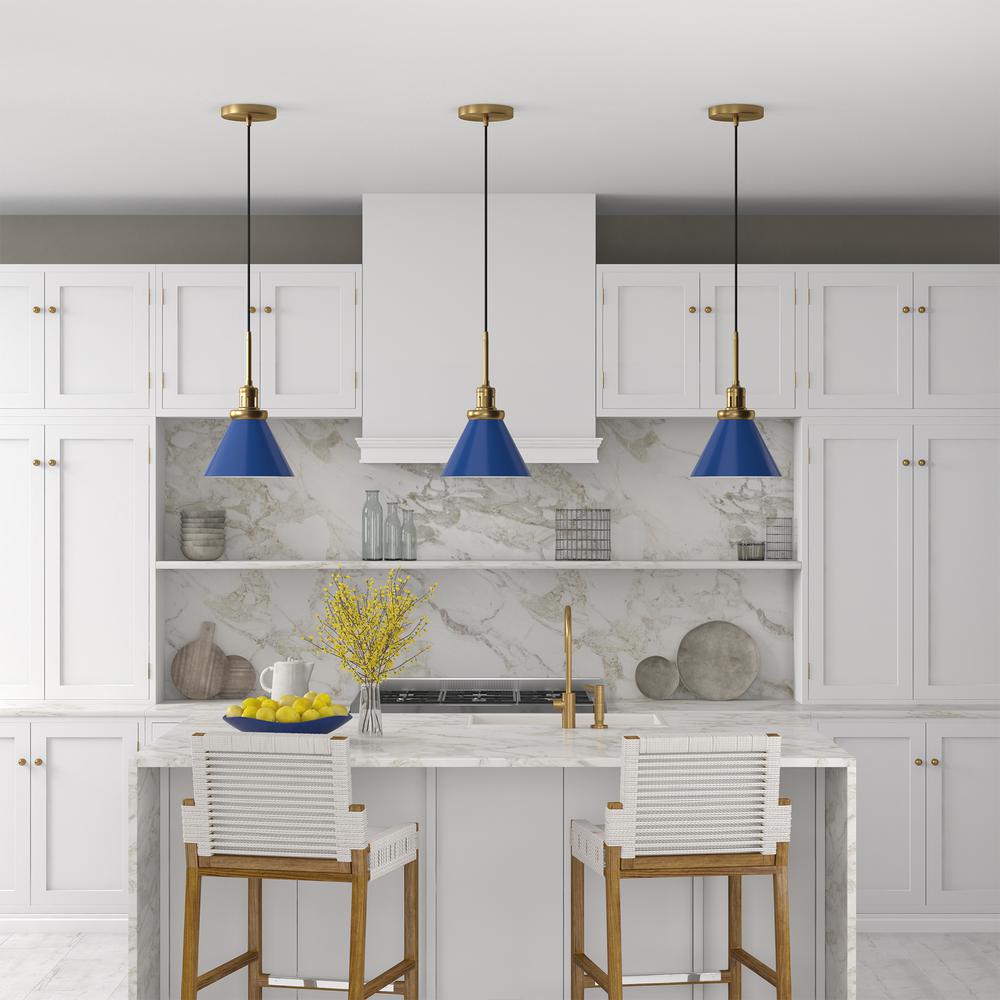 Zeno 8.5" Wide Pendant with Metal Shade in Blue/Brass/Blue. Picture 4