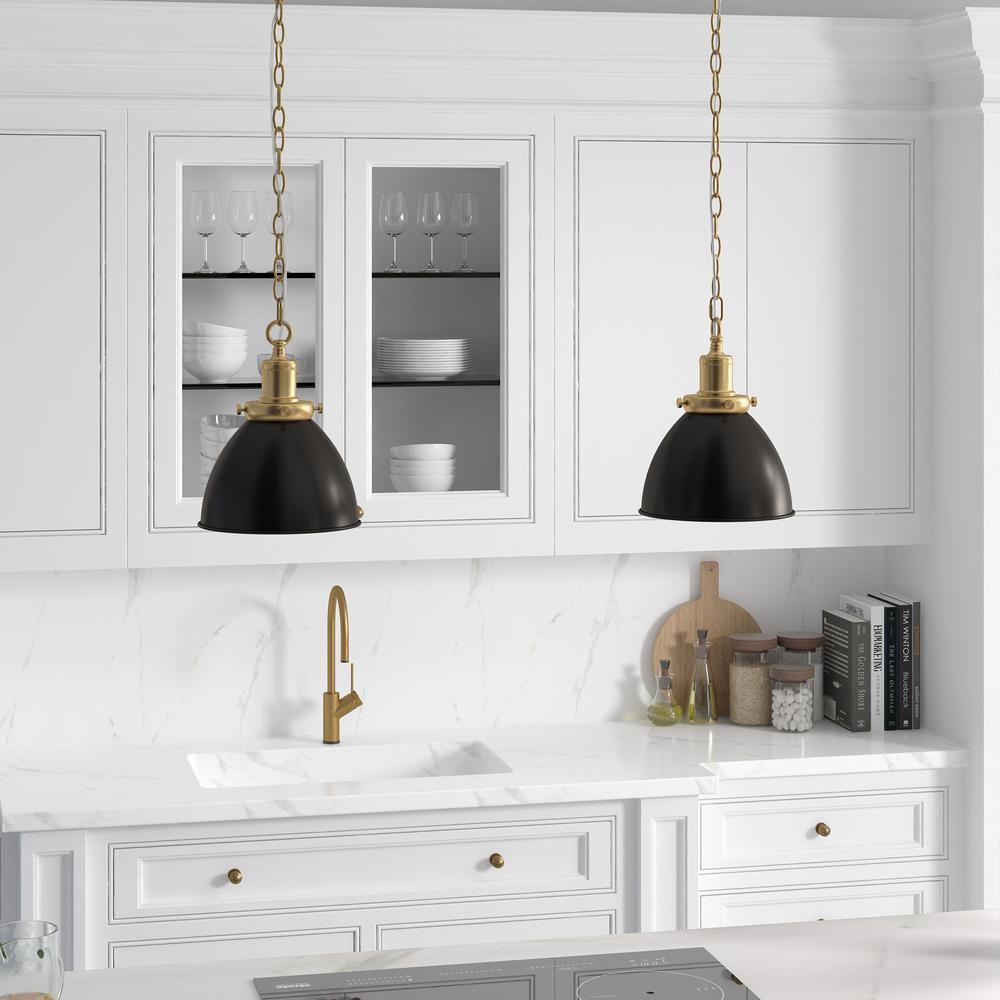 8" Wide Pendant with Metal Shade in Blackened Bronze/Brass/Blackened Bronze. Picture 4