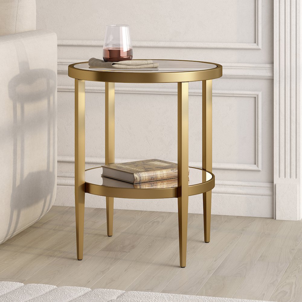 20" Modern Round End Table, Side Table, Nightstand with Open Shelf, Antique Gold. Picture 2