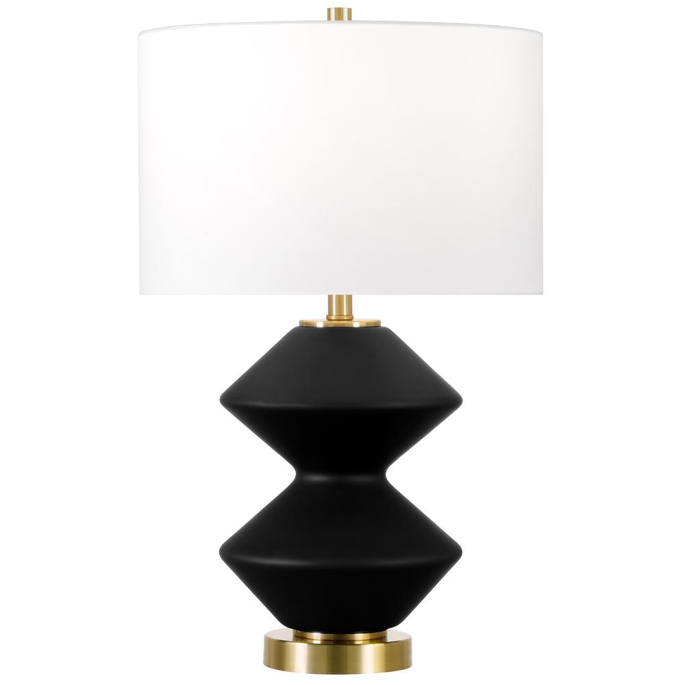 Caserta 22.75" Tall Double Gourd Lamp with Fabric Shade in Matte Black/Brass/White. Picture 1