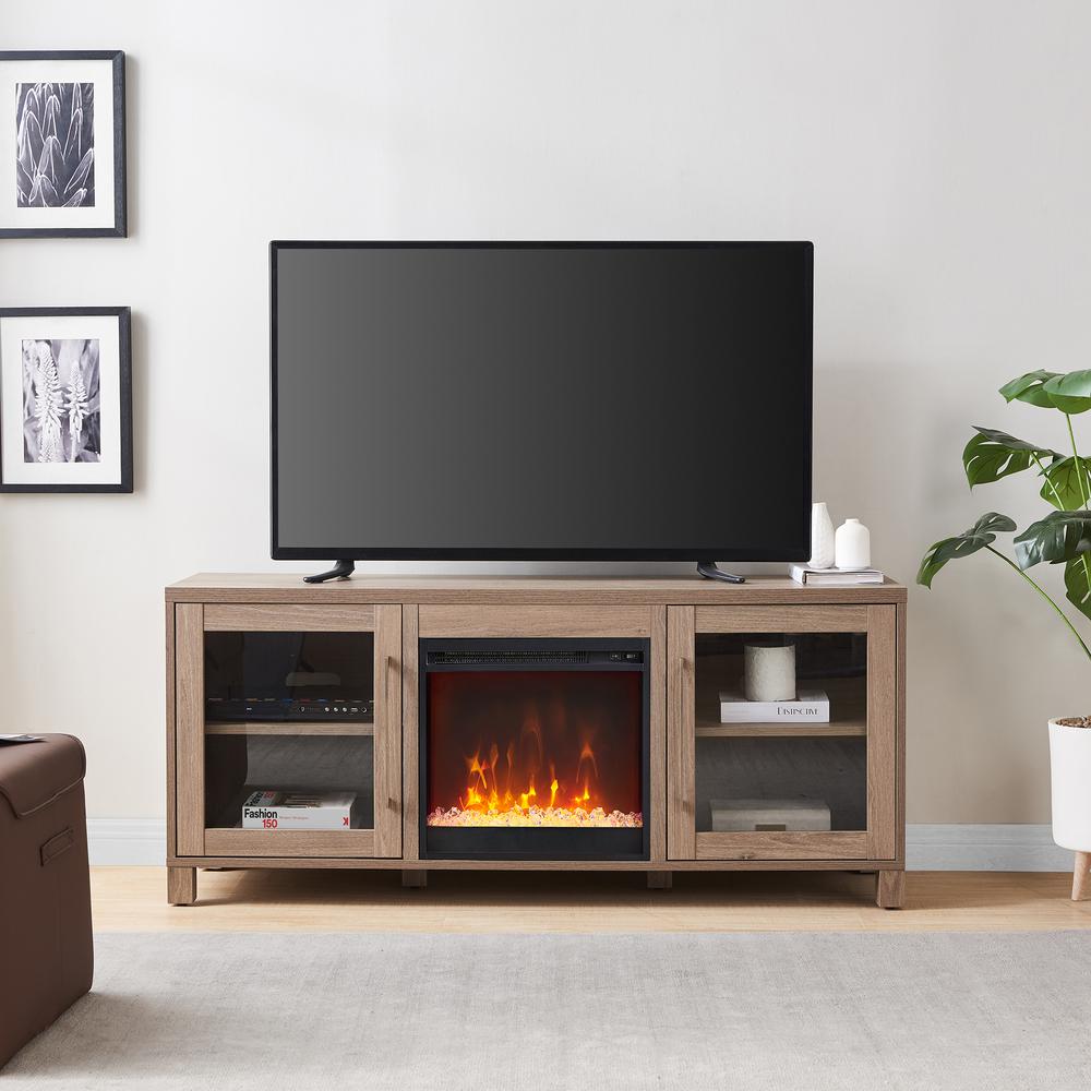 Quincy Rectangular TV Stand with Crystal Fireplace for TV's up to 65" in Antiqued Gray Oak. Picture 4