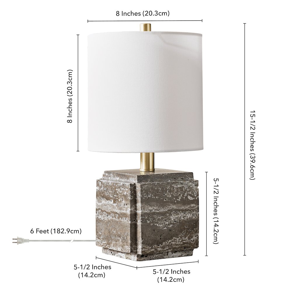 Pacha 16" Tall Stone Table Lamp with Fabric Shade in Gray Veined Travertine. Picture 5