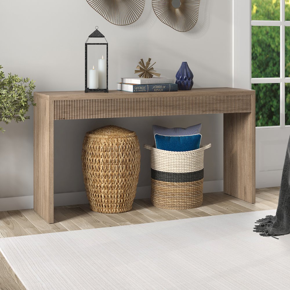 Lawrence 55" Wide Rectangular Console Table in Antiqued Gray Oak. Picture 4