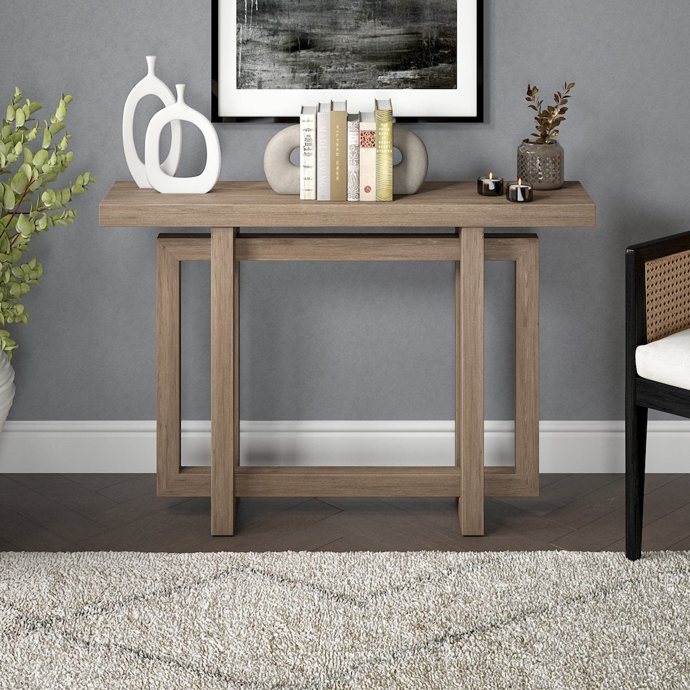 Breslow 44" Wide Rectangular Console Table in Antiqued Gray Oak. Picture 4