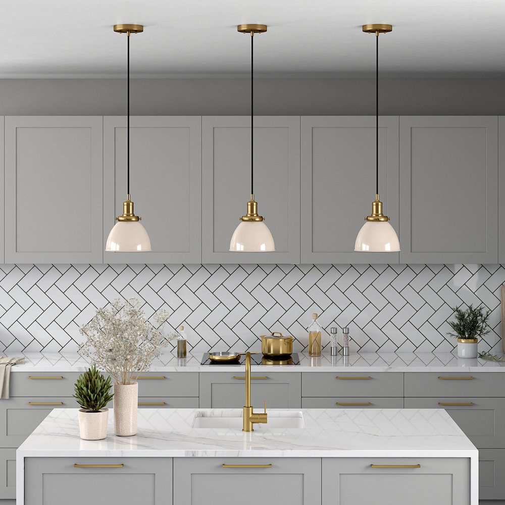8"  Two-Toned Pendant Fixture with  White Metal Shade and 8' Cord,  White/Gold. Picture 7