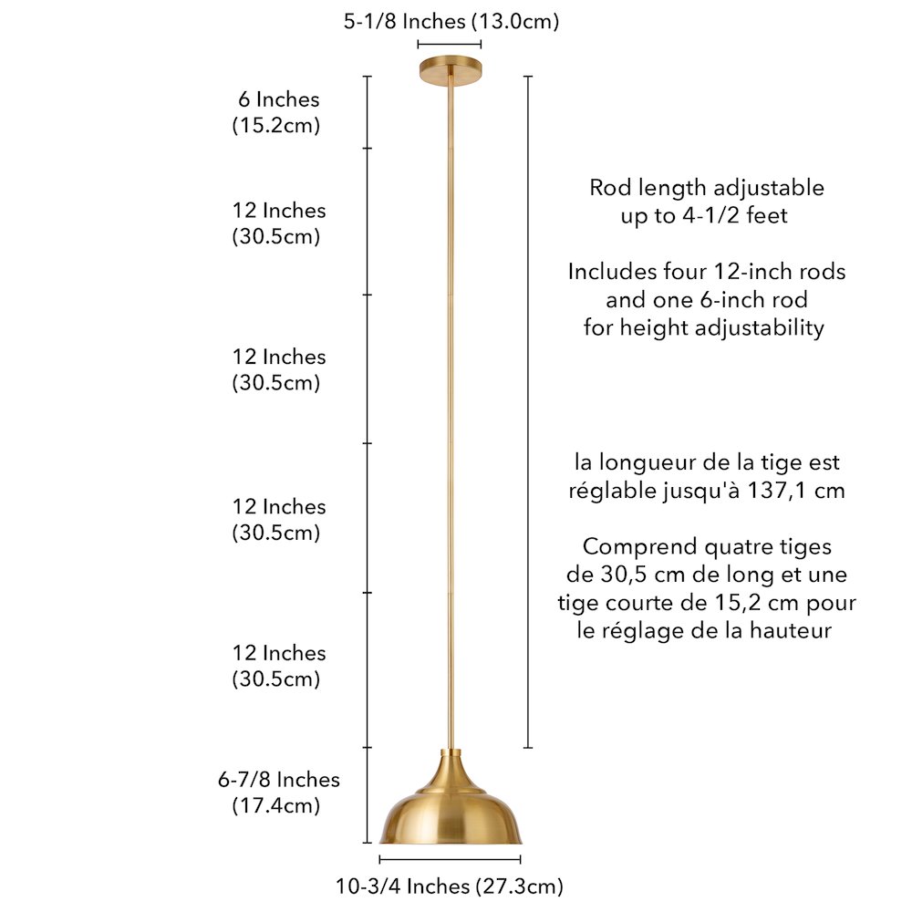 10"  Pendant Light Fixture with Gold Metal Dome Shade and 4.5'  Rod, Gold. Picture 7