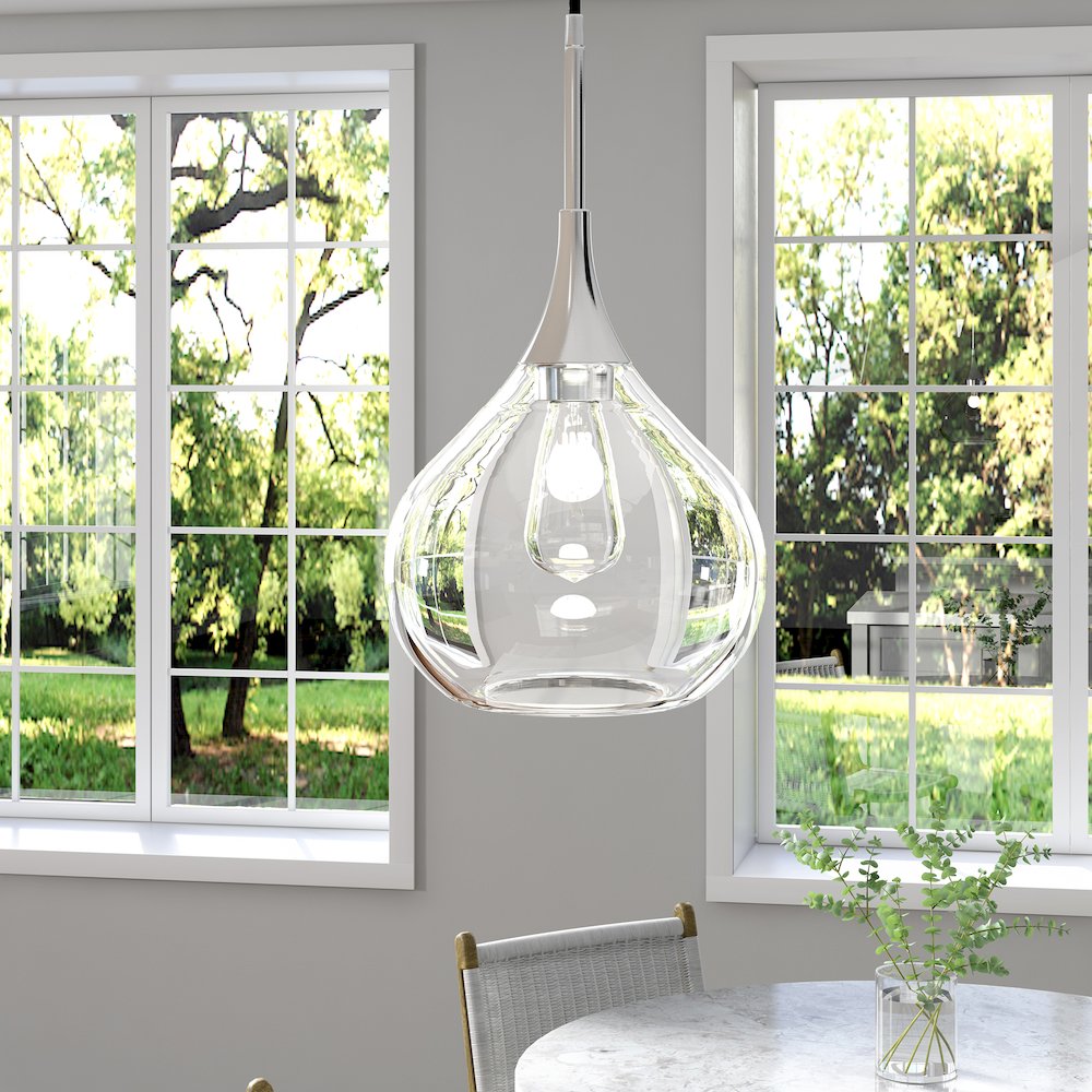 9" Mid-Century Light Fixture with Glass  Shade and 8' Cord, Polished Silver. Picture 6