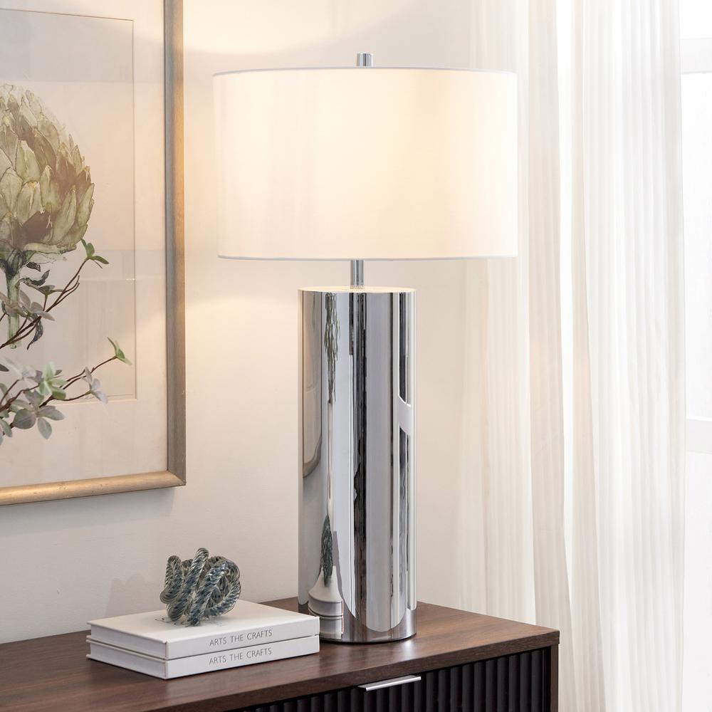 York 29.5" Tall Table Lamp with Fabric Shade in Polished Nickel/White. Picture 4