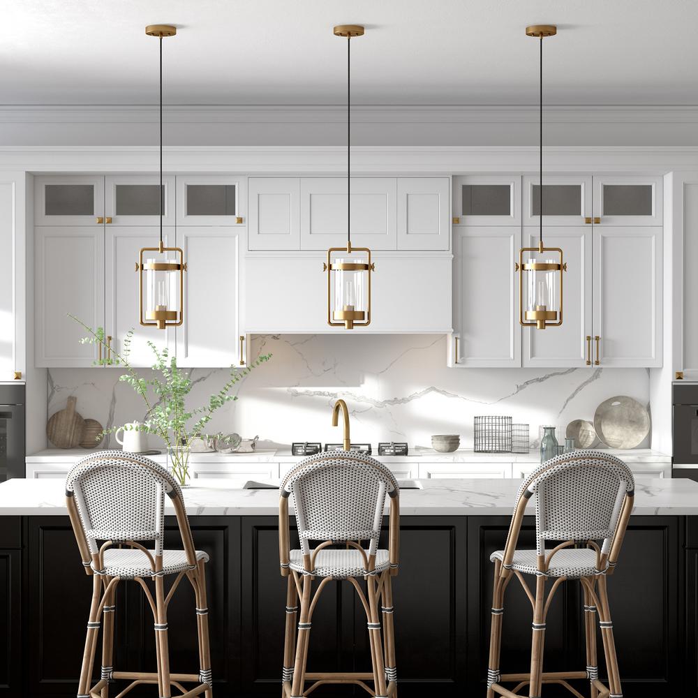 Orion 11" Wide Industrial Pendant with Glass Shade in Brass/Clear. Picture 4