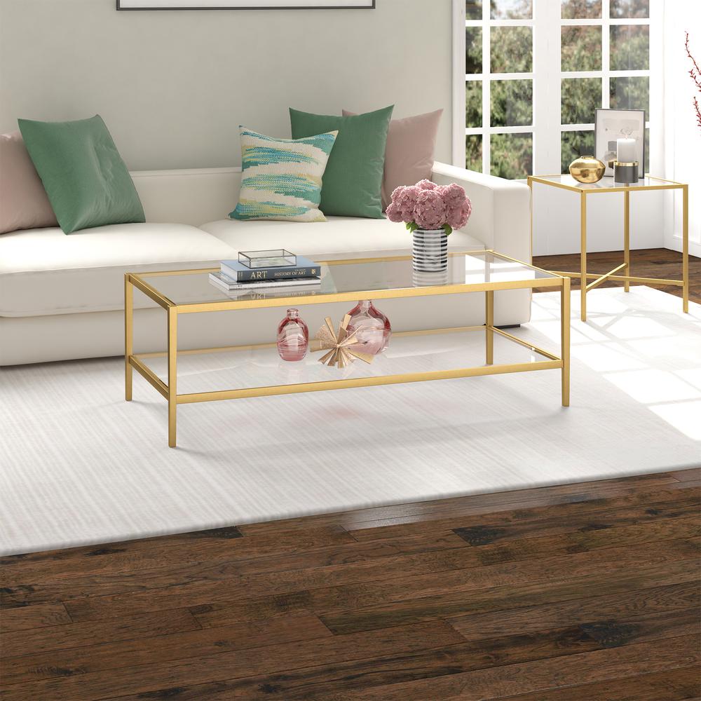Hera 54'' Wide Rectangular Coffee Table in Antique Brass. Picture 4