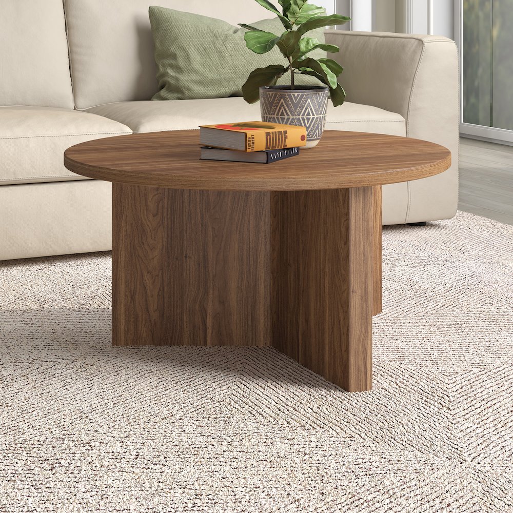 Anders 32" Wide Round Coffee Table in Satin Walnut. Picture 3