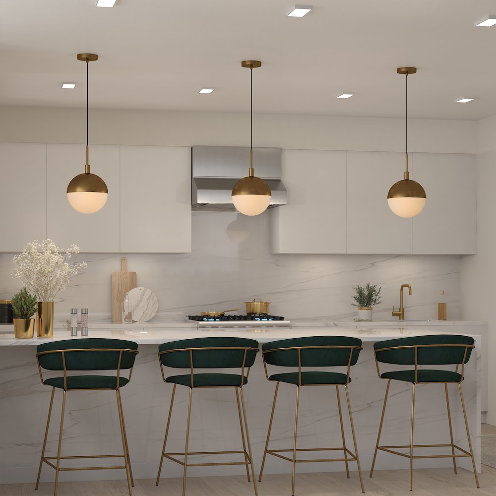 10" Modern Pendant Light Fixture with White Glass Globe Shade and 8' Cord, Gold. Picture 6