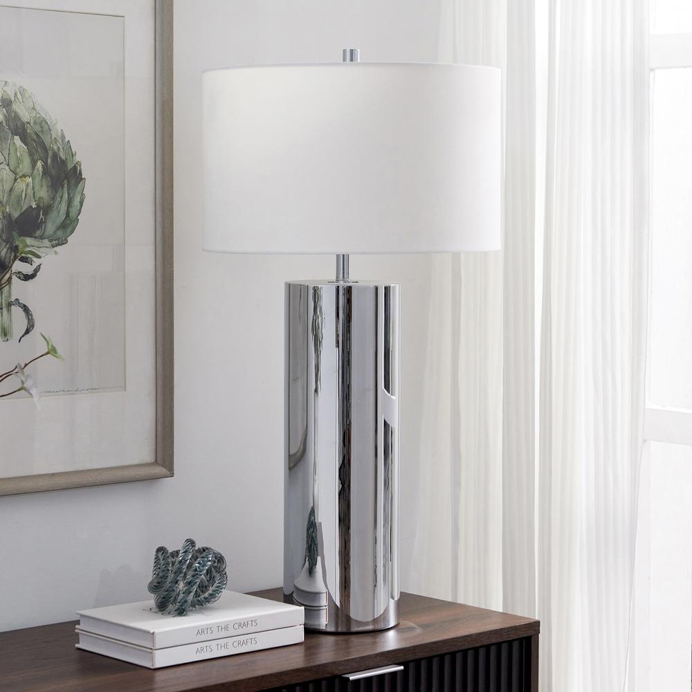 York 29.5" Tall Table Lamp with Fabric Shade in Polished Nickel/White. Picture 5