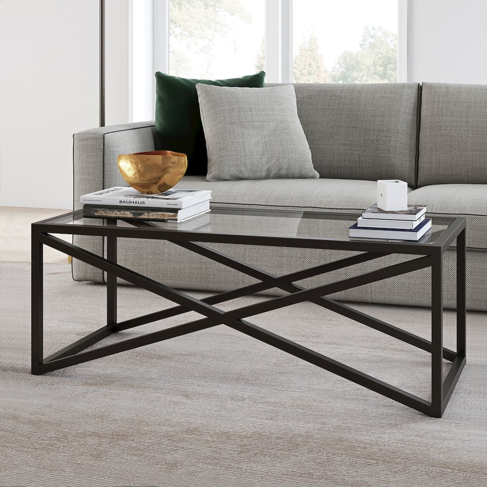 46" Rectangular Coffee Table with Glass Top, Black. Picture 6