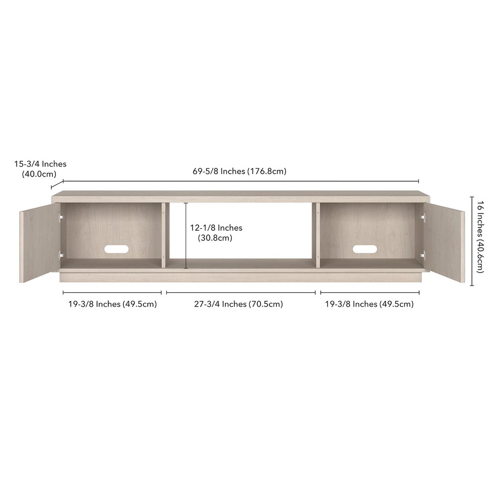Fluted TV Stand for TVs up to 78", 2 Side Cabinets, Center Storage, Alder White. Picture 5
