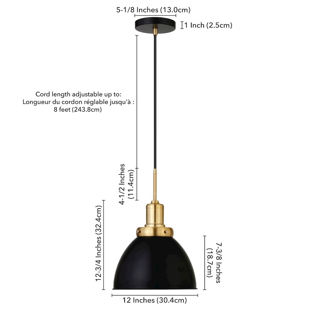12" Industrial Two-Toned Pendant Light Fixture with  Shade and 8', Ebony/Gold. Picture 7
