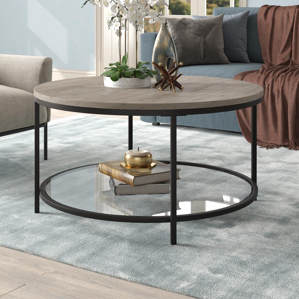 Sevilla 32'' Wide Round Coffee Table with MDF Top and Glass Shelf. Picture 2