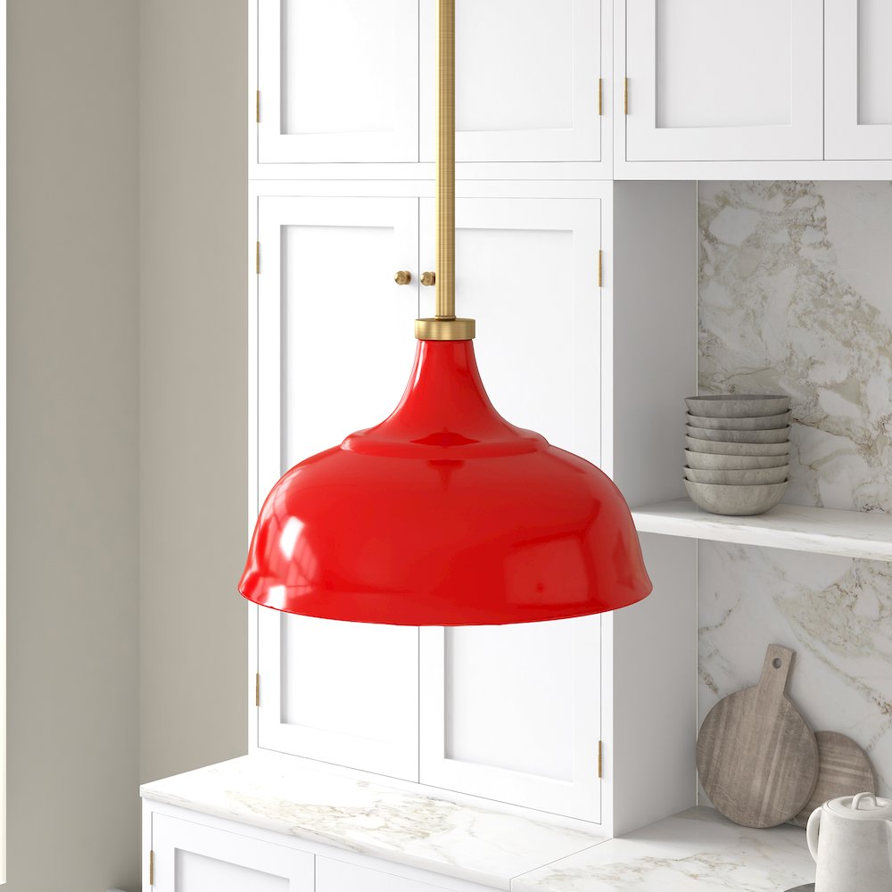 10" Dimmable Pendant Light Fixture, Metal Dome Shade and 8' Cord, Coral Red/Gold. Picture 2