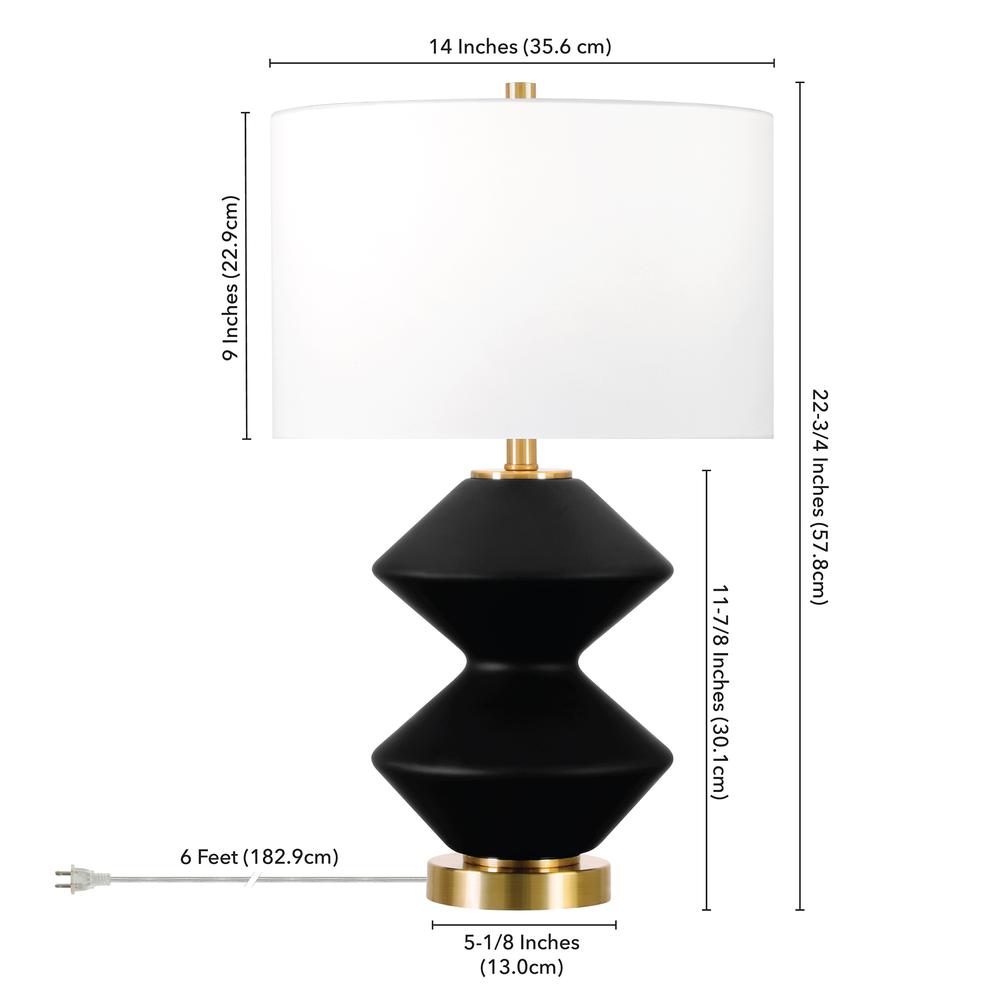 Caserta 22.75" Tall Double Gourd Lamp with Fabric Shade in Matte Black/Brass/White. Picture 5