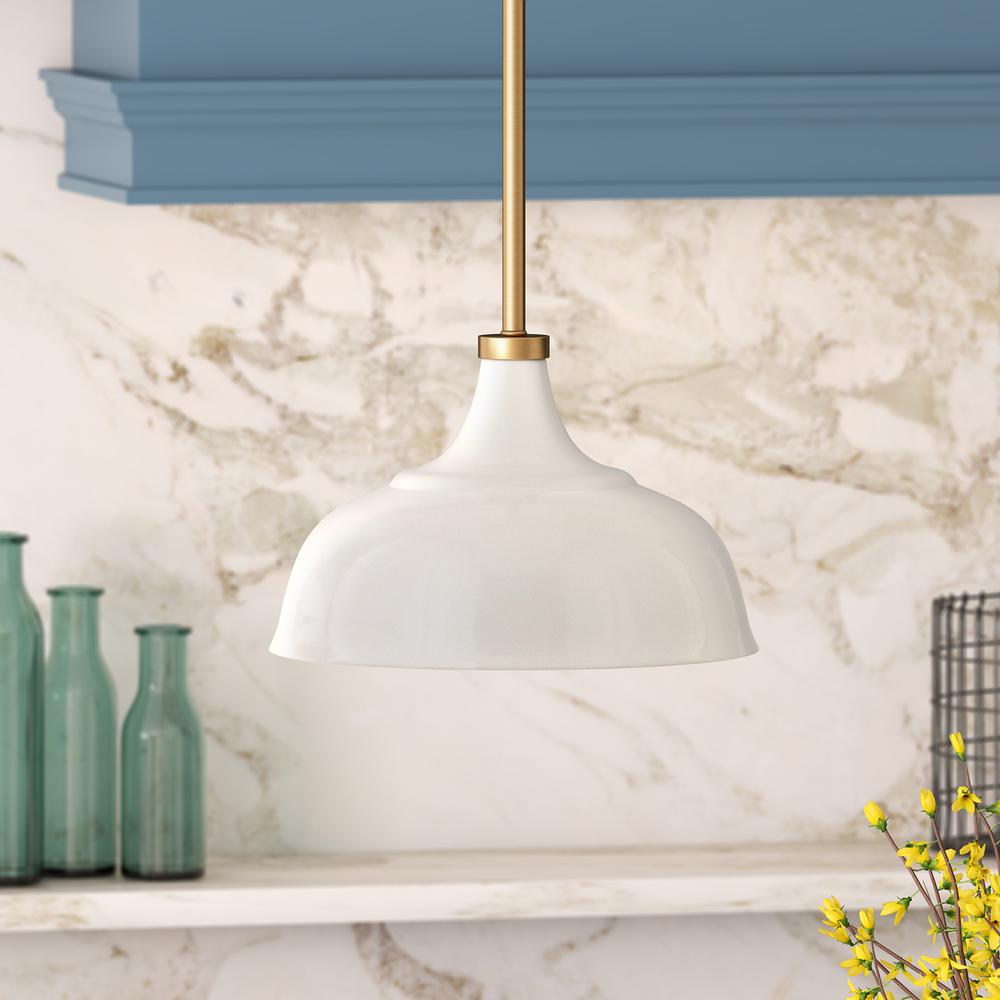 Mackenzie 10.75" Wide Pendant with Metal Shade in Pearled White/Brass/Pearled White. Picture 3