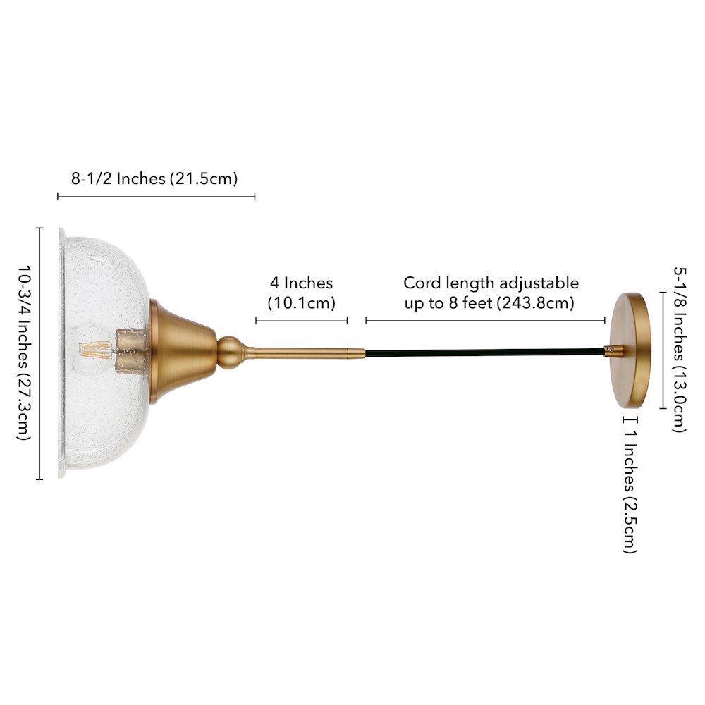 10" Modern Pendant Light Fixture with Seeded Glass Shade and 8' Cord, Gold. Picture 9