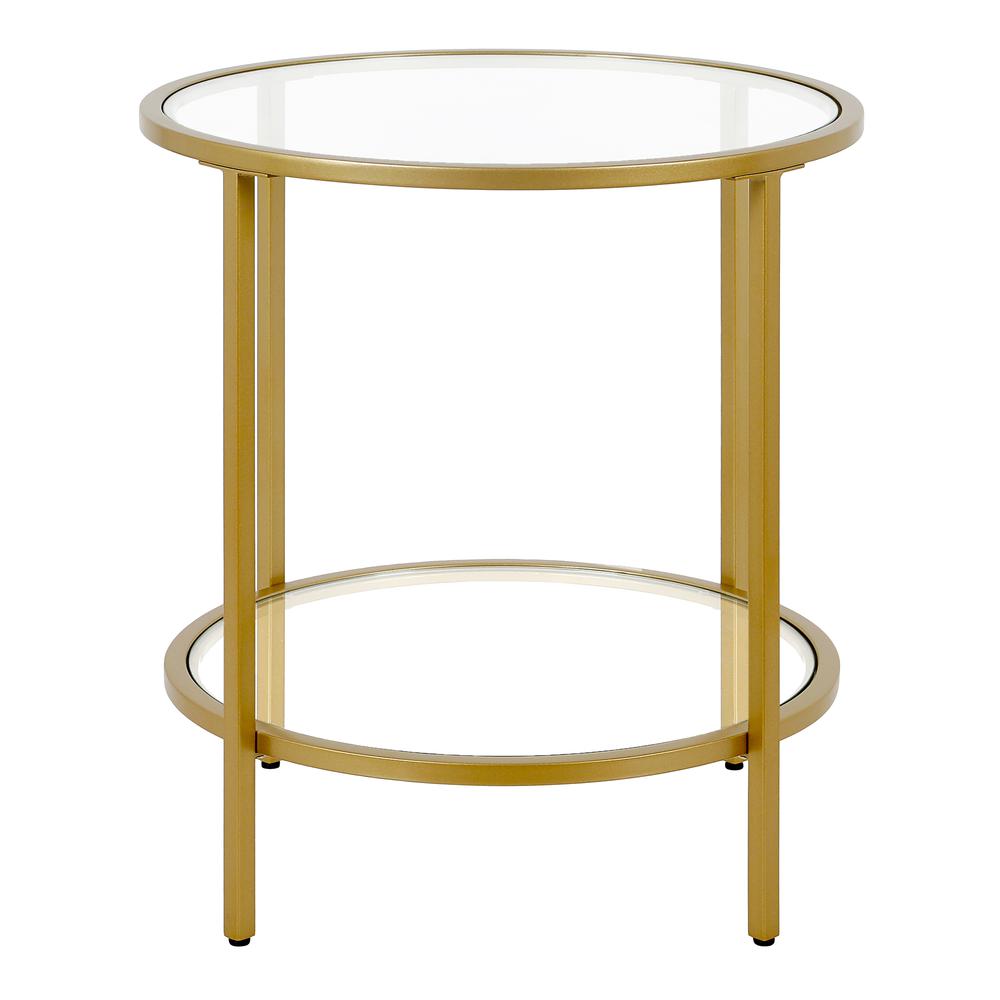 Sivil 20'' Wide Round Side Table with Glass Shelf in Brass. Picture 3