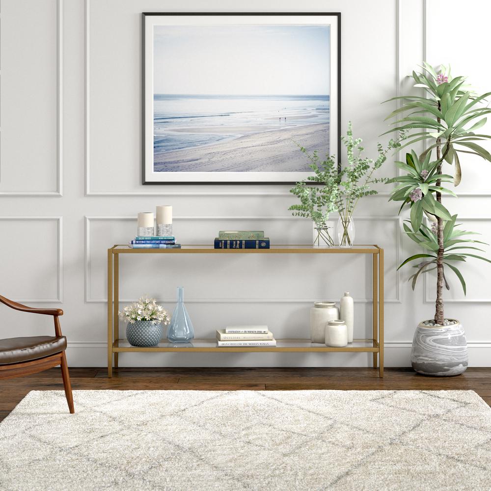 Hera 64'' Wide Rectangular Console Table with Glass Shelf in Brushed Brass. Picture 4
