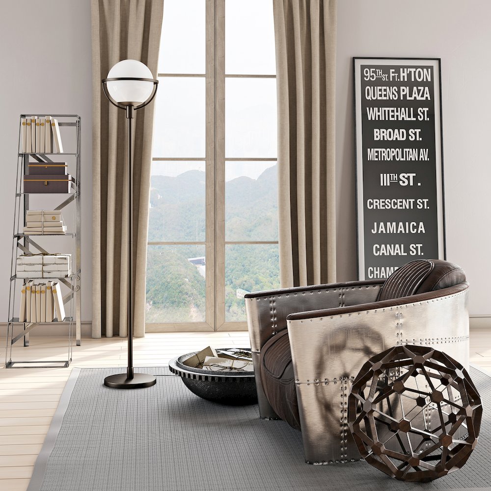 68" Glam 1-Light Floor Lamp with White Glass Globe Shade, Black. Picture 6