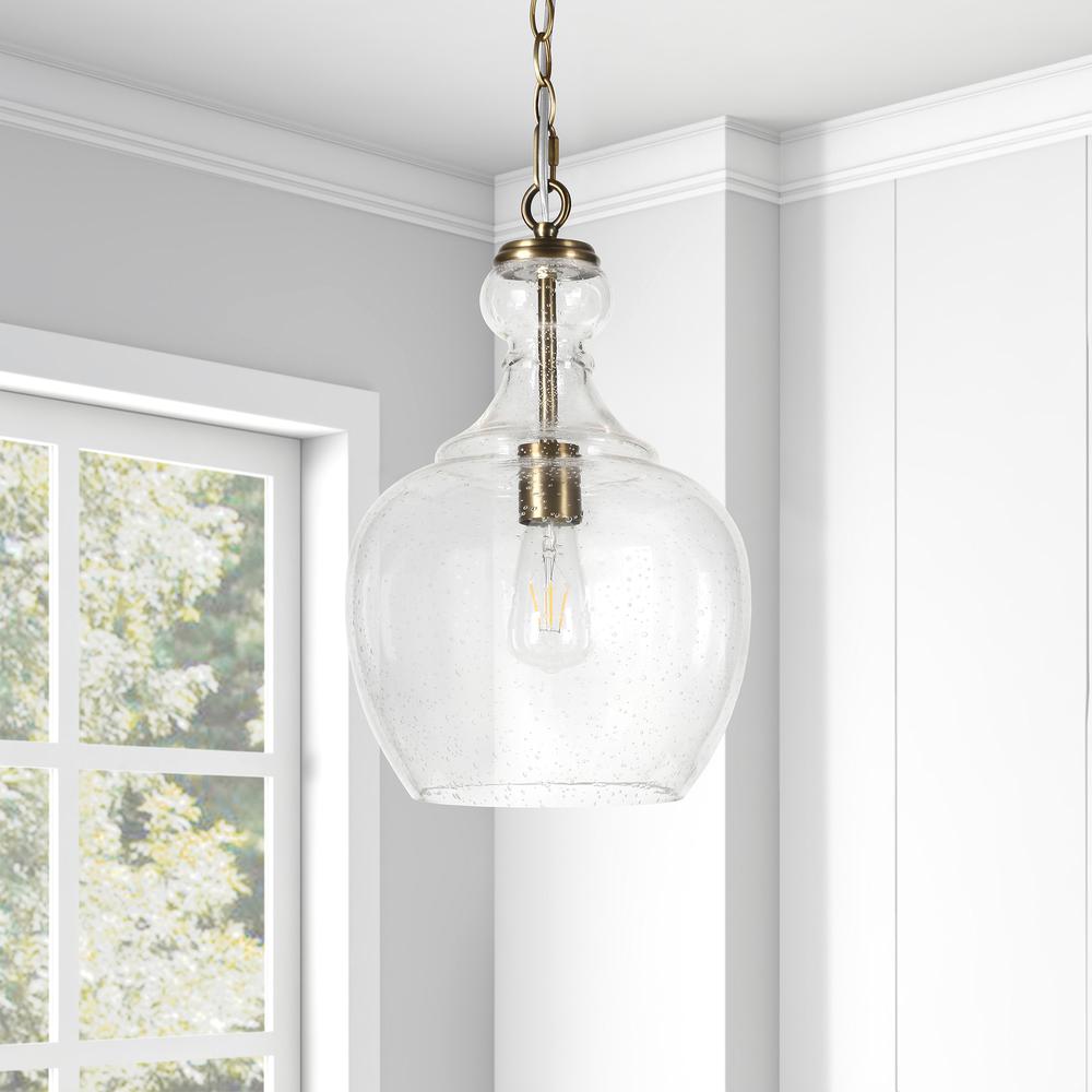 Verona 11" Wide Pendant with Glass Shade in Brass/Seeded. Picture 4