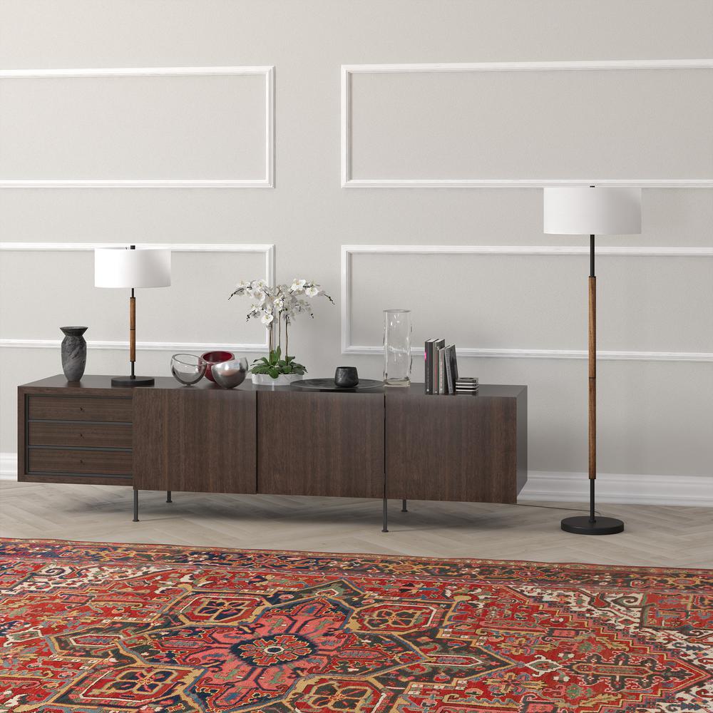Simone 2-Light Floor Lamp with Fabric Shade in Blackened Bronze/Rustic Oak/White. Picture 4