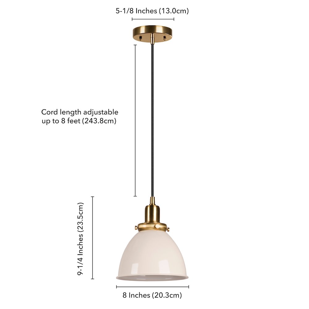 8"  Two-Toned Pendant Fixture with  White Metal Shade and 8' Cord,  White/Gold. Picture 9