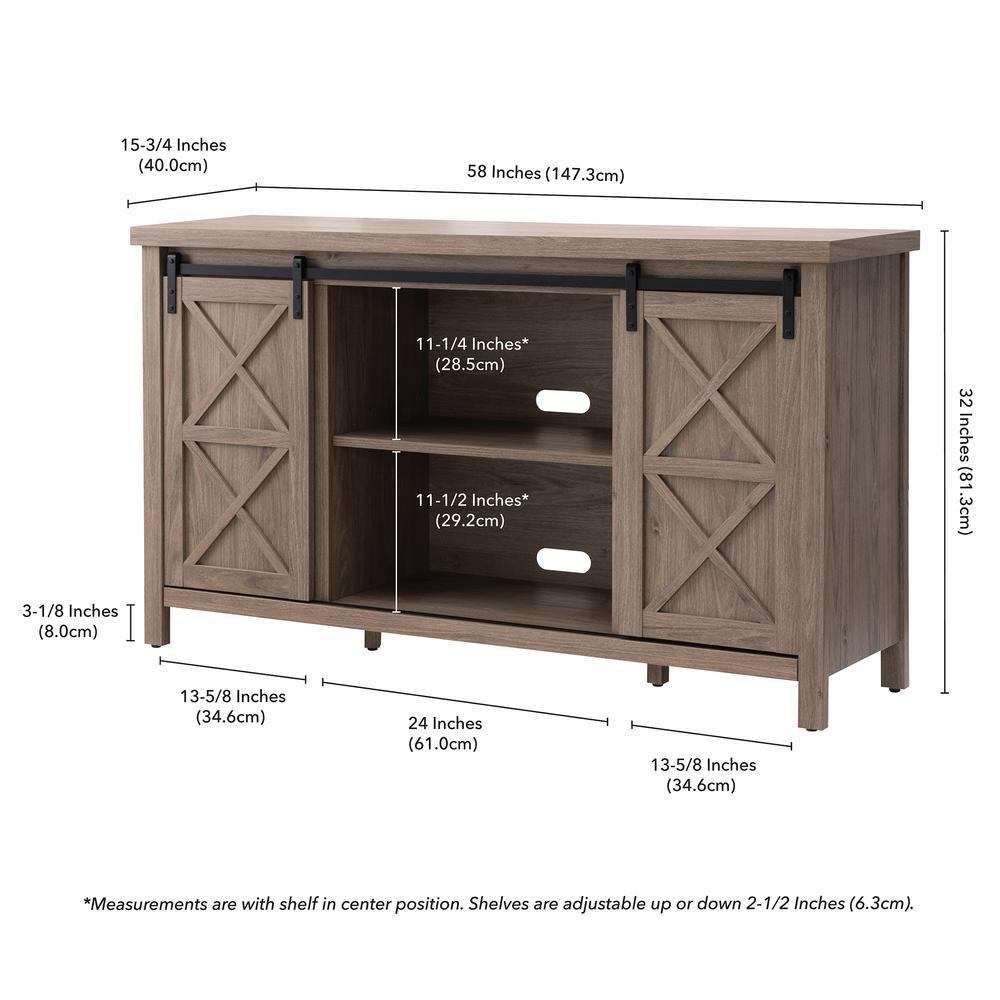 Elmwood Rectangular TV Stand for TV's up to 65" in Antiqued Gray Oak. Picture 5