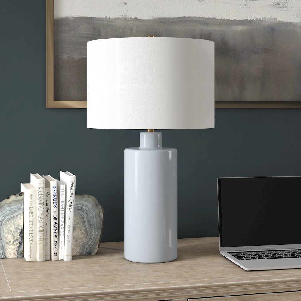 Selina 25" Tall Ceramic Table Lamp with Fabric Shade in Smoky Blue/White. Picture 4