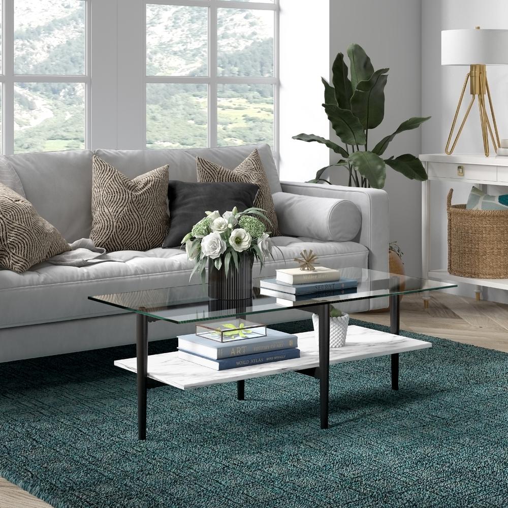 Otto 47'' Wide Rectangular Coffee Table with Faux Marble Shelf in Blackened Bronze/Faux Marble. Picture 4