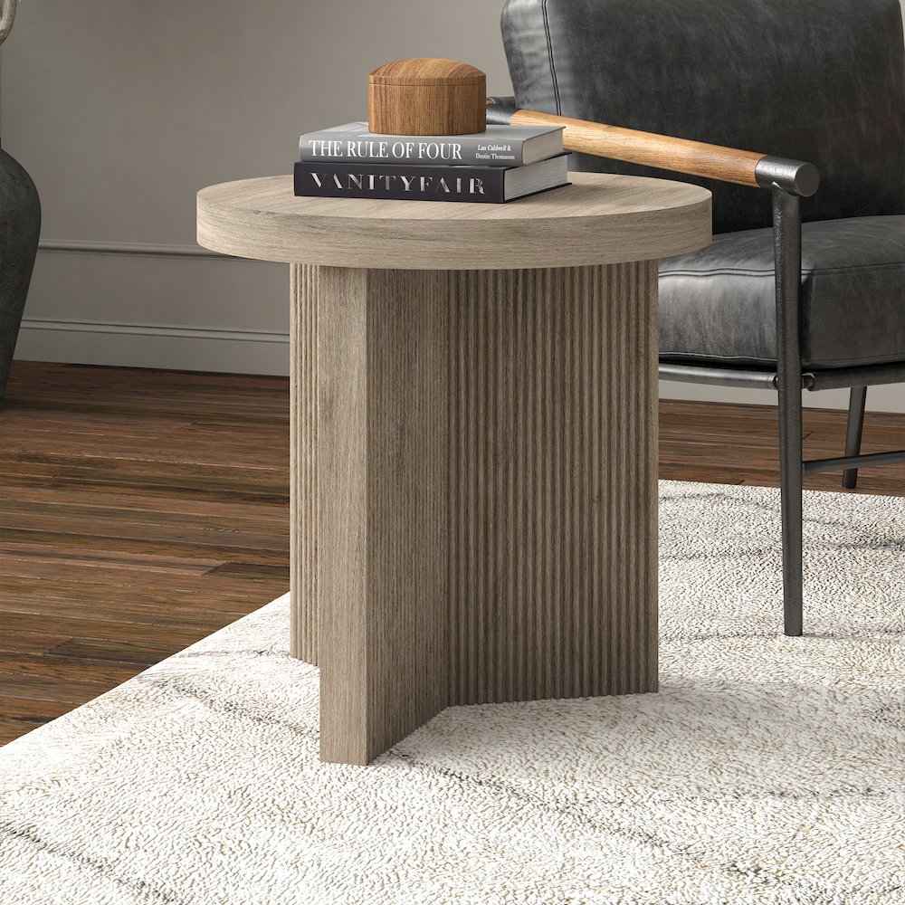 Holm 22" Wide Round Side Table in Antiqued Gray Oak. Picture 4