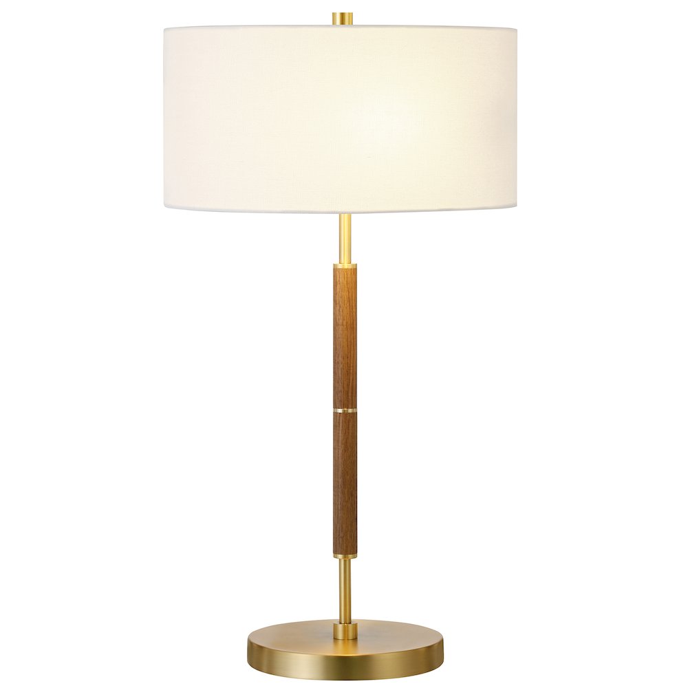 25" 2-Tone 2-Light Table Lamp with White Fabric Drum Shade, Medium Oak/Gold. Picture 4