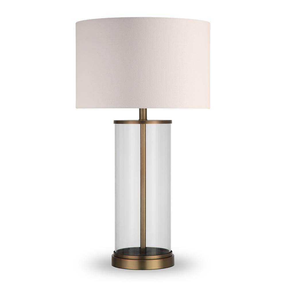 Rowan 28" Tall Table Lamp with Fabric Shade in Antique Brass/White. Picture 1