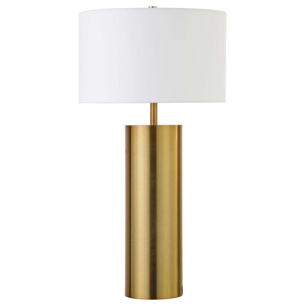 York 29.5" Tall Table Lamp with Fabric Shade in Brass/White. Picture 1