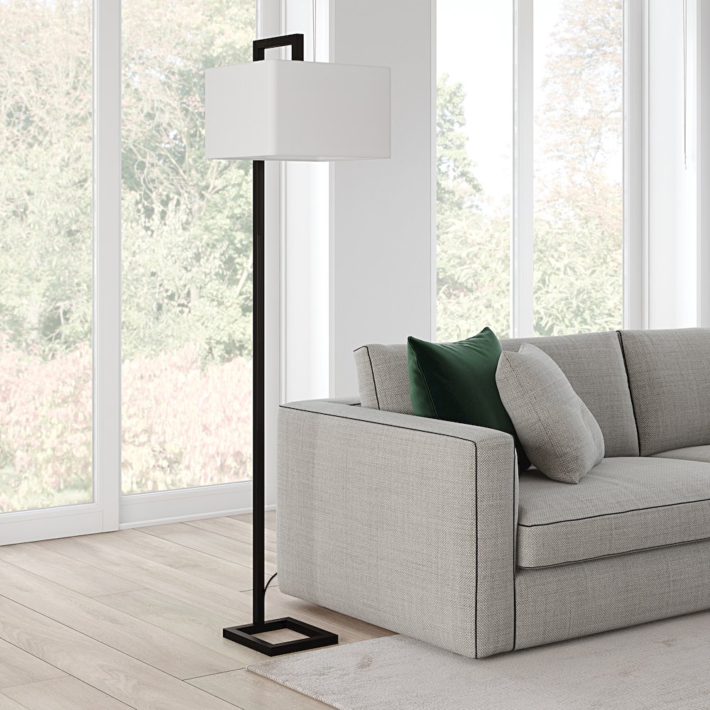 68" Traditional 1-Light Floor Lamp with White Fabric Rectangle Shade, Black. Picture 2
