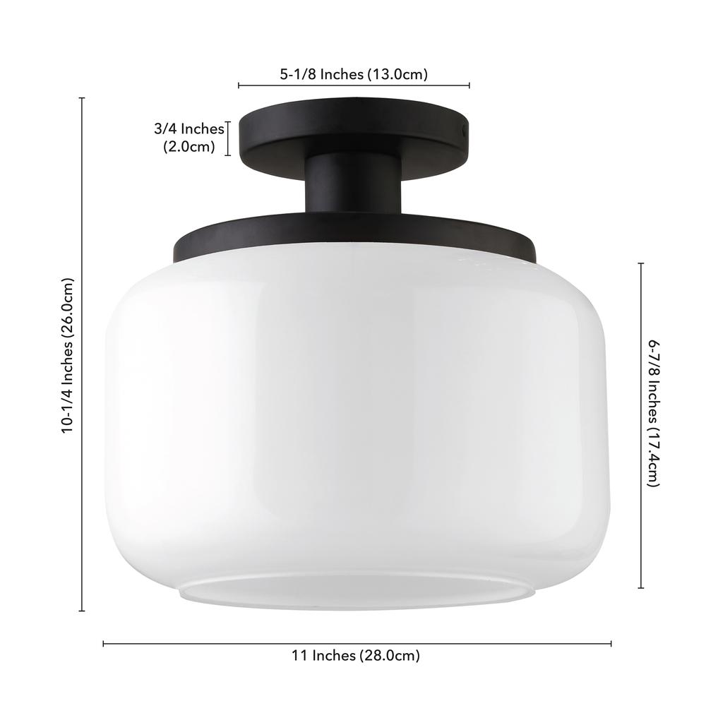 Tatum 11" Wide Semi Flush Mount with Glass Shade in Blackened Bronze/White. Picture 5
