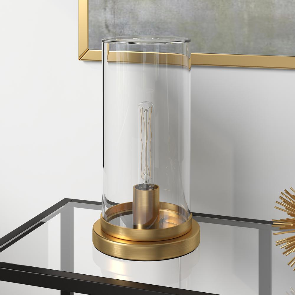 Perabo 13" Tall Uplight Mini Lamp with Glass Shade in Brushed Brass/Clear. Picture 2