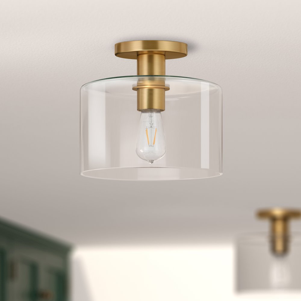 10" 1-Light Semi-Flush Mount Ceiling Light Fixture with Glass Drum Shade, Gold. Picture 2